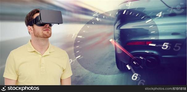 3d technology, virtual reality, entertainment and people concept - young man with virtual reality headset or 3d glasses playing car racing game over tachometer and street race background