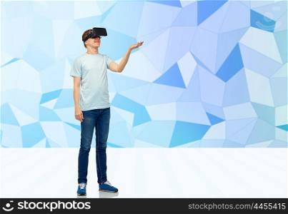 3d technology, virtual reality, entertainment, cyberspace and people concept - happy man with virtual reality headset or 3d glasses playing game and holding something on palm over low poly background