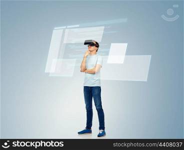 3d technology, virtual reality, entertainment, cyberspace and people concept - happy young man with virtual reality headset or 3d glasses thinking and looking at screen with coding