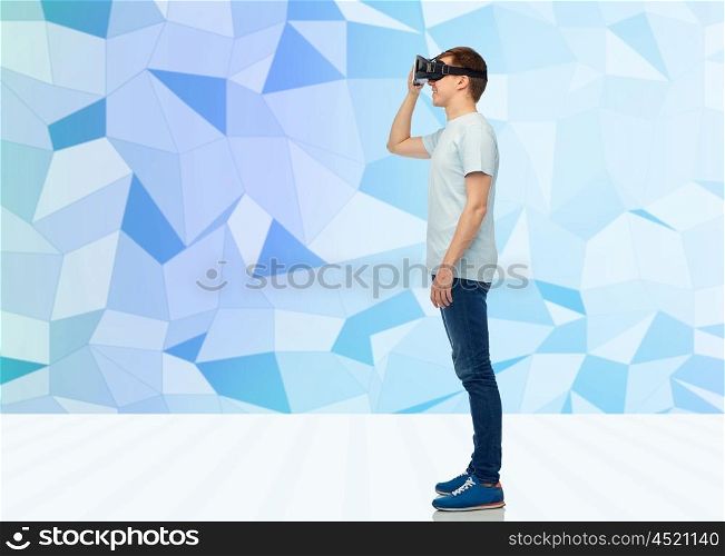 3d technology, virtual reality, entertainment, cyberspace and people concept - happy young man with virtual reality headset or 3d glasses over low poly background