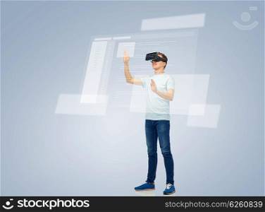 3d technology, virtual reality, entertainment, cyberspace and people concept - happy young man with virtual reality headset or 3d glasses playing game and touching screen with coding