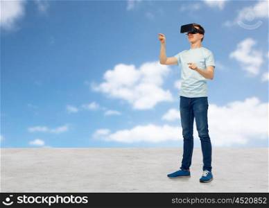 3d technology, virtual reality, entertainment, cyberspace and people concept - man with virtual reality headset or 3d glasses playing game and touching something over blue sky and clouds background
