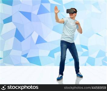 3d technology, virtual reality, entertainment, cyberspace and people concept - young man with virtual reality headset or 3d glasses playing game and fighting over low poly background