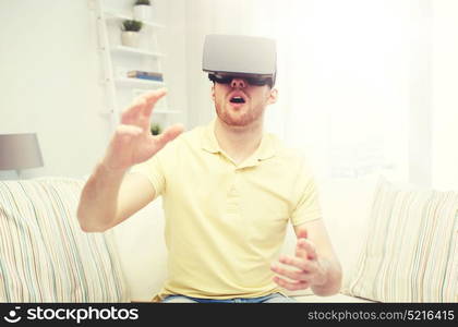 3d technology, virtual reality, gaming, entertainment and people concept - amazed young man with virtual reality headset or 3d glasses playing game. young man in virtual reality headset or 3d glasses