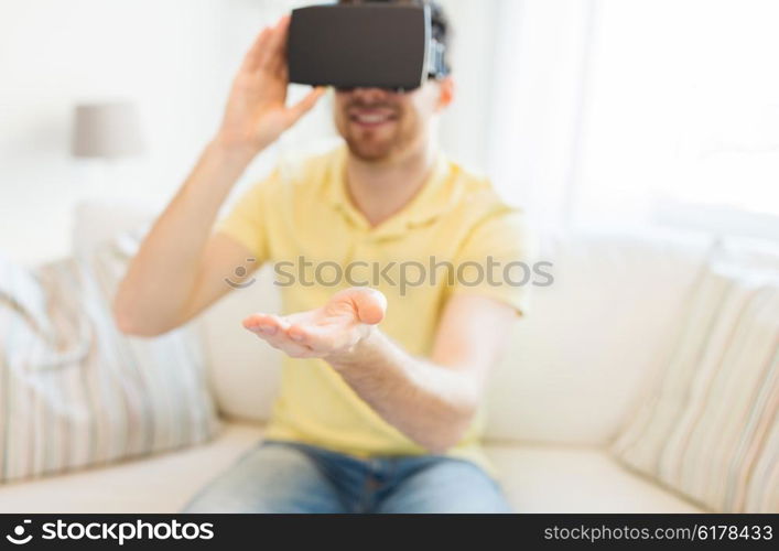 3d technology, virtual reality, gaming, entertainment and people concept - close up of young man with virtual reality headset or 3d glasses playing videogame at home