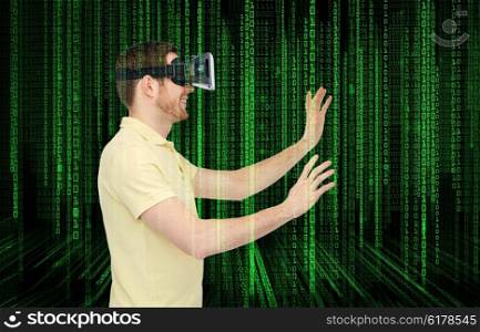 3d technology, virtual reality, programming, entertainment and people concept - happy young man with virtual reality headset or 3d glasses playing game over binary code numbers and black background
