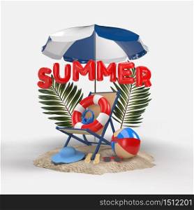 3D Text Summer on Beach Island With Beach Umbrella, Sun Glass, Flip-Flops, Ball, Ring Floating, Plam Leaf and Chair For Background, Banner. Design of Summer Vacation Holiday Concept. 3D Rendering