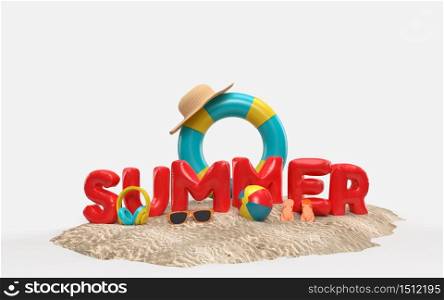 3D Text Summer on Beach Island With Sun Glass, Flip-Flops, Ball, Ring Floating. Outdoor relaxation season with copy space For Background Banner. Design of Summer Vacation Holiday Concept. 3D Rendering