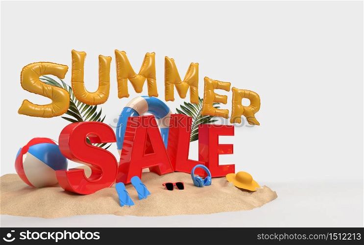 3D Text Summer Sale on Beach Island With Beach Umbrella, Sun Glass, Flip-Flops, Ball, Ring Floating For summer sale poster, advertising, booklet, Background Banner, or Wallpaper. 3D Rendering