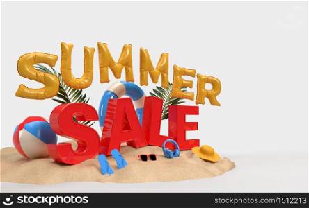 3D Text Summer Sale on Beach Island With Beach Umbrella, Sun Glass, Flip-Flops, Ball, Ring Floating For summer sale poster, advertising, booklet, Background Banner, or Wallpaper. 3D Rendering