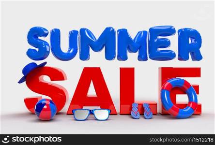 3D Text Summer Sale With Sun Glass, Flip-Flops, Ball, Ring Floating For summer sale poster, advertising, booklet, Background Banner, or Wallpaper. 3D Rendering