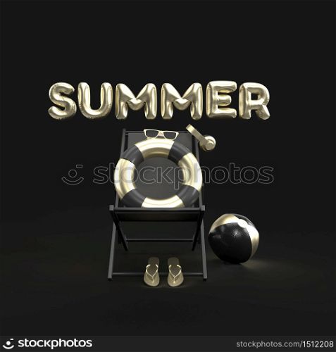 3D Text Summer with Elements, Sun Glass, Flip-Flops, Ball, Ring Floating and Chair For Background Banner or Wallpaper. Creative Design of Summer Vacation Holiday Concept Gold. 3D Rendering