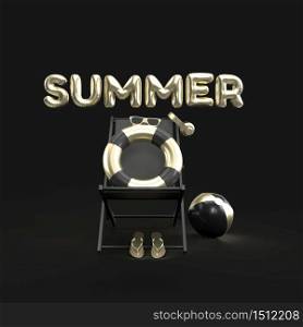 3D Text Summer with Elements, Sun Glass, Flip-Flops, Ball, Ring Floating and Chair For Background Banner or Wallpaper. Creative Design of Summer Vacation Holiday Concept Gold. 3D Rendering