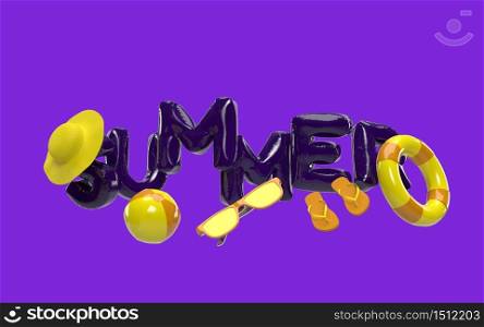 3D Text Summer with Elements, Sun Glass, Flip-Flops, Hat Beach, Ball, Ring Floating For Background Banner or Wallpaper. Creative Design of Summer Vacation Holiday Concept. 3D Rendering
