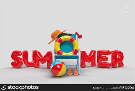 3D Text Summer with Elements, Sun Glass, Flip-Flops, Hat Beach, Ball, Ring Floating and Chair For Background Banner or Wallpaper. Creative Design of Summer Vacation Holiday Concept. 3D Rendering