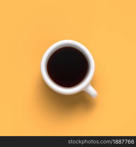 3d top view image of coffe cup on yellow background 3d render. Flat lay. Copy space. 3d render.