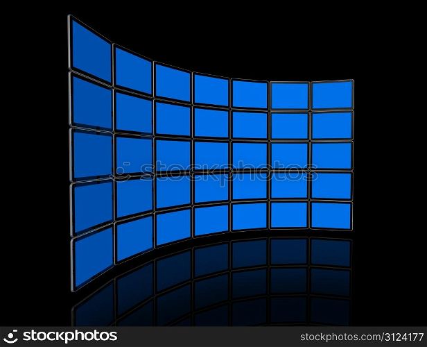 3D video wall of flat tv screens, isolated on black. With 2 clipping paths : global scene clipping path and screens clipping path to place your designs or pictures.. Video wall of flat tv screens