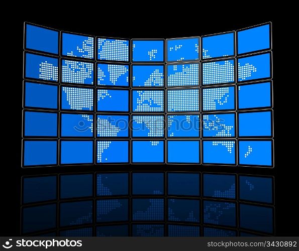 3D video wall of flat tv screens with world map, isolated on black. With 2 clipping paths : global scene clipping path and screens clipping path to place your designs or pictures. Video wall of flat tv screens with world map