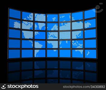 3D video wall of flat tv screens with world map, isolated on black. With 2 clipping paths : global scene clipping path and screens clipping path to place your designs or pictures. Video wall of flat tv screens with world map
