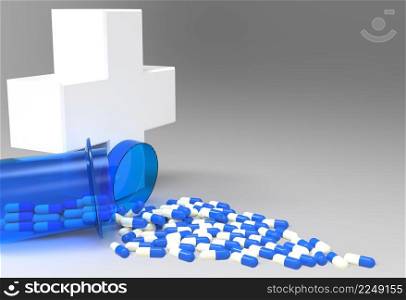 3d virtual medical symbol with capsule pills as concept