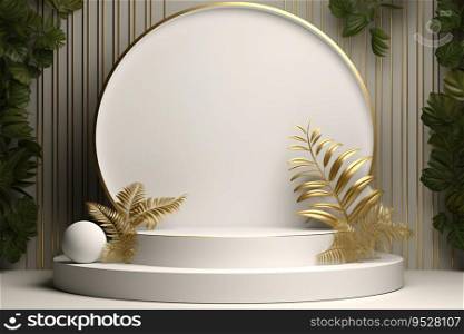 3D white and gold podium with plants is a realistic mockup that can be used for a variety of purposes, such as product display, marketing, or advertising. Generative AI