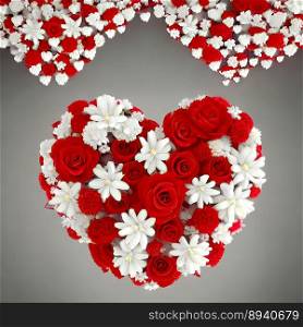 3D white and red floral heart bouquet, created with Generative AI technology.