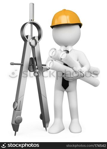 3d white architect with a compass and plans. 3d image. Isolated white background.
