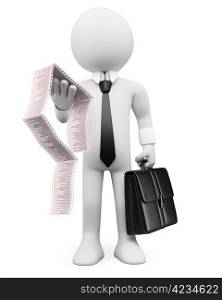 3d white business person with a briefcase and invoices. 3d image. Isolated white background.