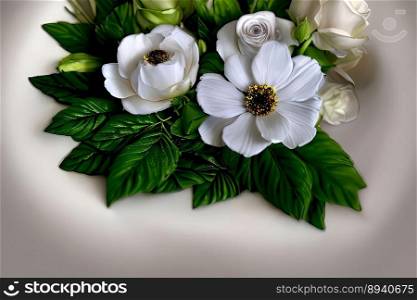 3D white flowers on green leaves posy top of image centered, created with Generative AI technology.