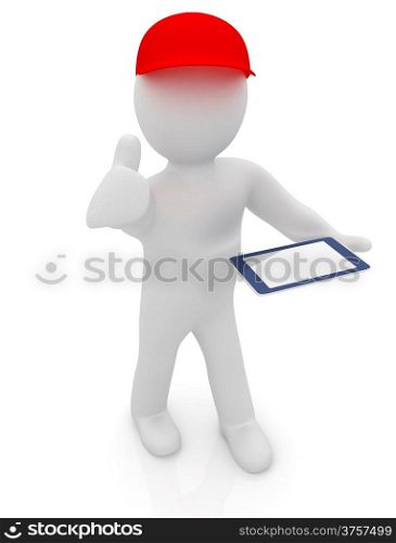 3d white man in a red peaked cap with thumb up and tablet pc on a white background