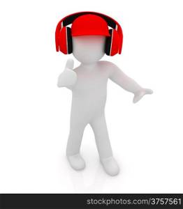 3d white man in a red peaked cap with thumb up and headphones on a white background