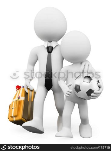 3d white people. Back to School with dad with backpack and soccer ball. Isolated white background.