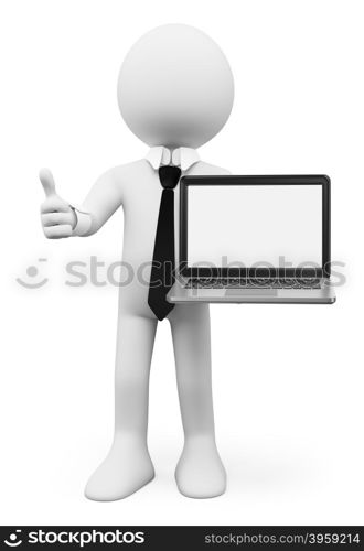 3d white people. Businessman with a laptop with blank screen. Isolated white background.