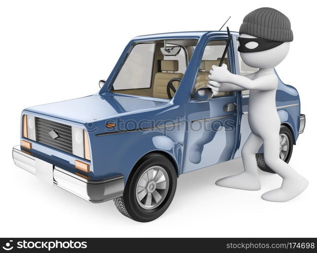 3d white people. Car thief. Isolated white background. 