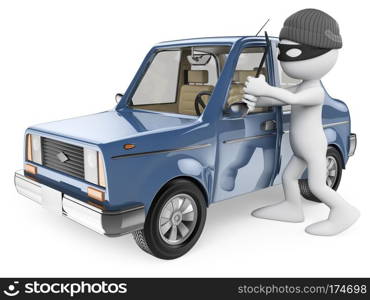 3d white people. Car thief. Isolated white background. 