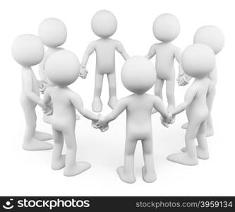 3d white people. Circle of people holding hands together. Isolated white background.