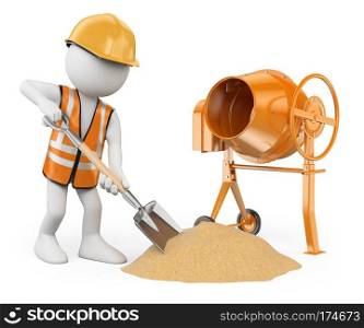3d white people. Construction worker with a shovel and a concrete mixer making cement . Isolated white background. 