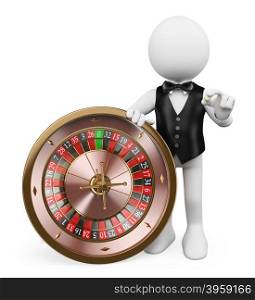 3d white people. Croupier with roulette in a casino. Isolated white background.