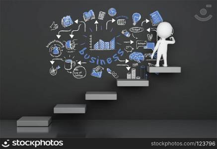 3d White people drawing business sketch. 3d illustration. White people standing on the arrow ladder and drawing business sketch. Busimess concept