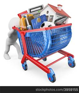 3d white people. Expenses post holiday. Man pushing a shopping cart uphill. Isolated white background.