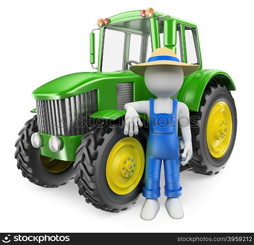 3d white people. Farmer with his modern tractor. Isolated white background.