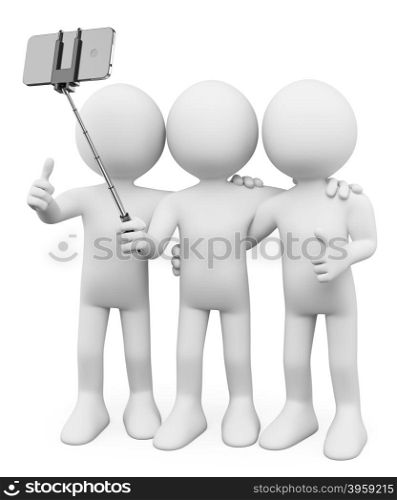 3d white people. Friends taking a photo with a selfie stick. Isolated white background.