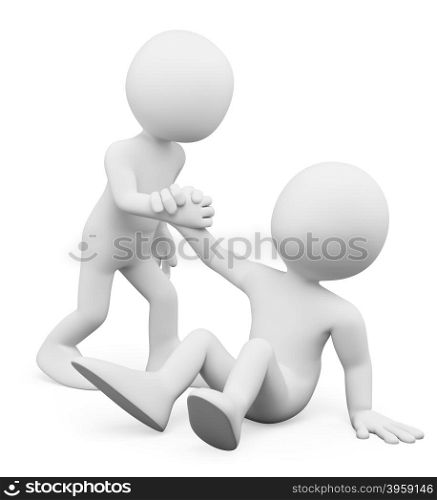 3d white people. Man helping a fellow up. Concept of fellowship. Isolated white background.