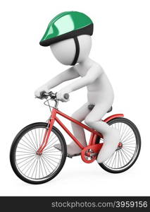 3d white people. Man riding a red bicycle with a green helmet. Isolated white background.