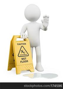 3d white people. Man with a caution wet floor sign. Isolated white background. 