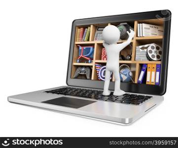 3d white people. New technologies. Laptop. Multimedia concept. Isolated white background.