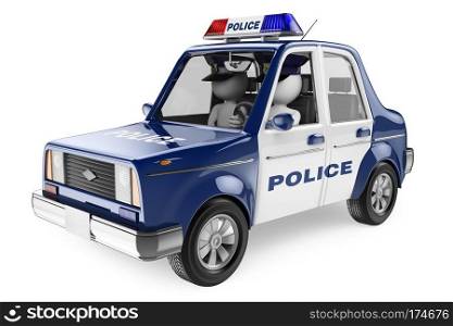 3d white people. Policemen patrolling in a police car. Isolated white background. 