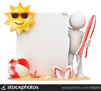 3d white people. Summer background with blank paper. sun beach ball and flip flops. Isolated white background. 