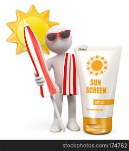 3d white people. Summer. Sun beach and sunscreen. Isolated white background.
