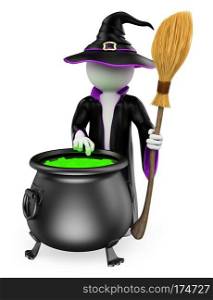 3d white people. Witch cooking a magical potion. Halloween. Isolated white background. 